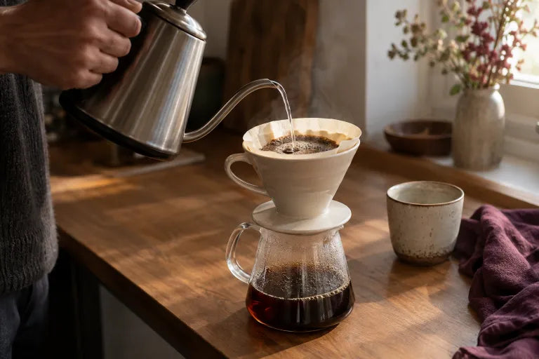 Illustration of a pour-over coffee brewing in warm window light
